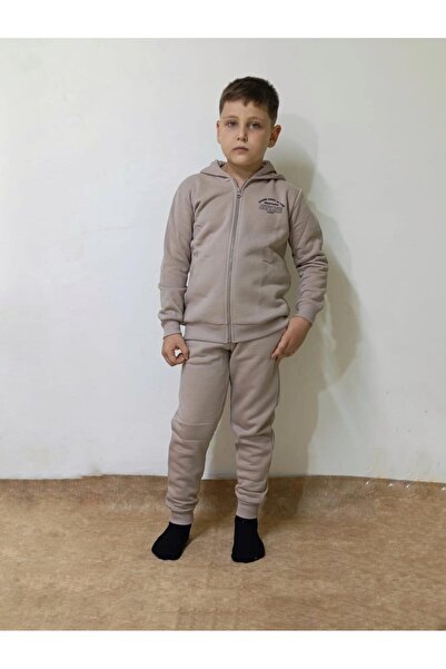 DÜVEN Boys' Beige Color Tracksuit Set, Soft Texture, Zippered and Hooded Bottom Top Set