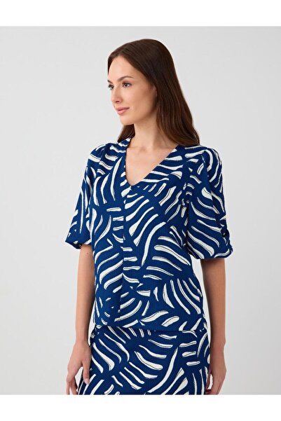 Jimmy Key Lacivert V Yaka Dirsek Kol Desenli Dokuma Gömlek