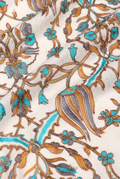 Bursa İpek Krem Gold Lale Desen İşlemeli Yün Şal