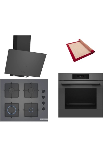 Bosch Gri 3 lü Ankastre Set (HJG852YN0T-POP6C9P30O-DWK64PJ70T ) - 3D Fry - Fırın Matı ile