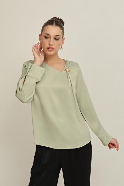Setre Блузка з довгими рукавами, зручного крою, з аксесуарами на комірі, кольору зеленого Нілу