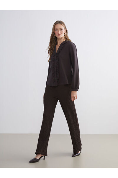 LC Waikiki Brown Elastic Waist Textured Wide Leg Women's Trousers