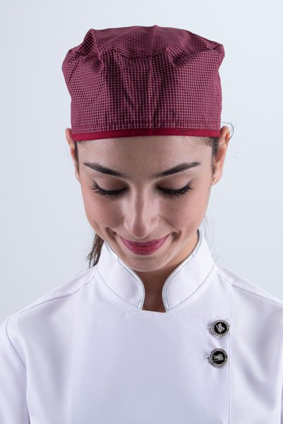 Das Uniform قبعة الشيف بون كيب للطهاة، قبعة مربعة منقوشة باللون الأحمر الداكن
