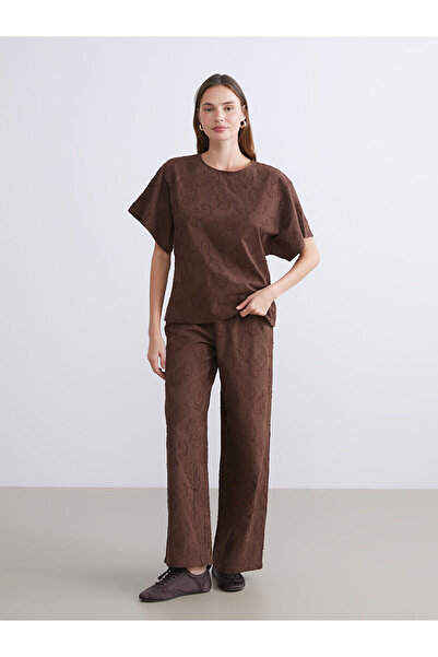 LC Waikiki Brown Elastic Waist Patterned Wide Leg Women's Trousers