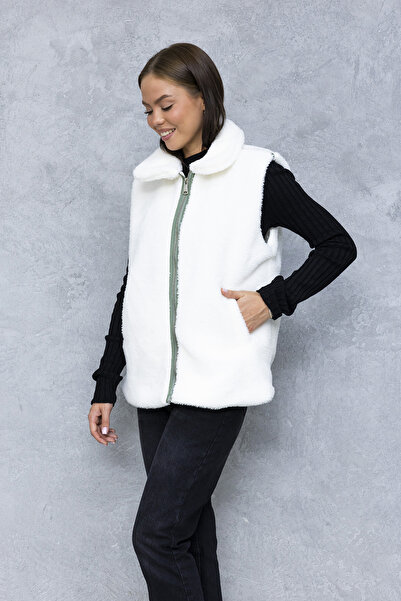 GİYSA Women's Stand Collar Zippered Double Pocket Plush Vest Light Green - 6807