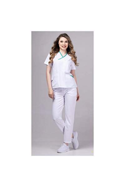 OEM Costum medical premium ONYX pentru femei, alb cu bordură chirurgicală verde