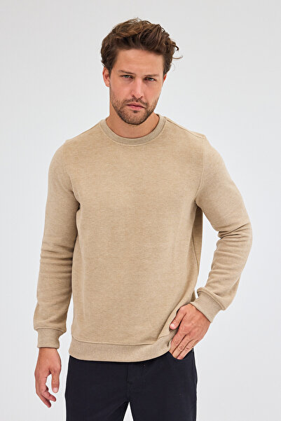 İmza Σκούρο μπεζ μακρυμάνικο φούτερ με λαιμόκοψη από απλό βαμβάκι Comfort Fit 1013255150