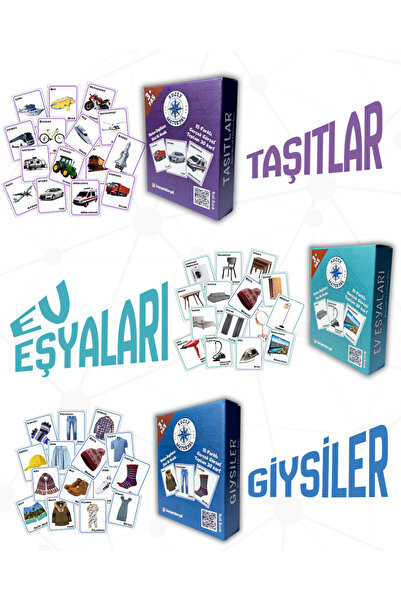 ÜÇLÜ ÜRÜN! Taşıtlar, Ev Eşyaları, Giysiler Kavram & Eşleme Seti (Türkçe & İngilizce) Toplam 90 Kart