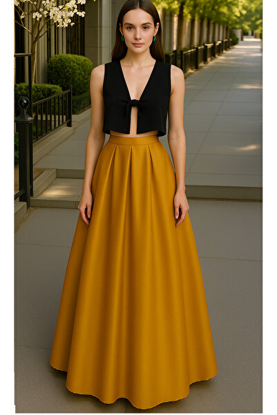 NSMLİFE Women's Gold Pocketless Pleated A-Line Evening Skirt