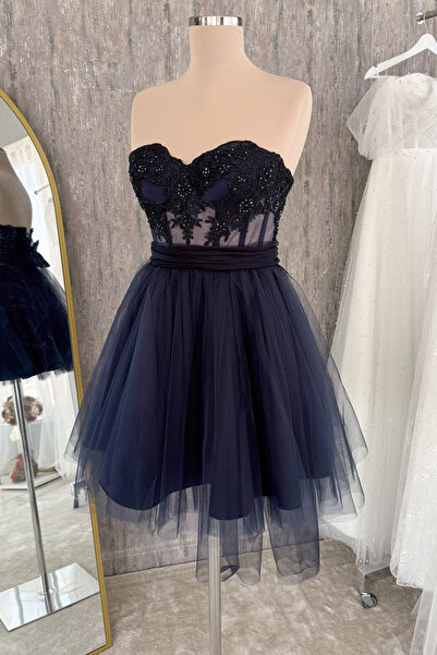 Lenta Moda Lacivert Dantelli ve Kurdele Kemer Detaylı Mini Gece ve Parti Elbisesi