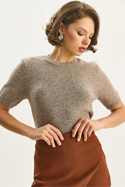 Bianco Lucci Kadın Bisiklet Yaka Pul Detaylı Yaldızlı Kısa Kollu Basic Triko Bluz 4818 60283581