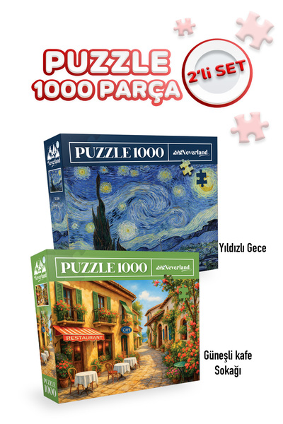 Neverland 2 ADET 1000 PARÇA PUZZLE- YILDIZLI GECE VE GÜNEŞLİ KAFE SOKAĞI