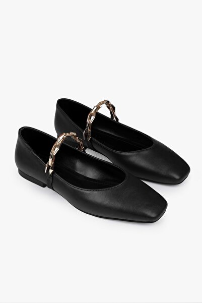 Shoeberry Women's Noris Black Leather Ballerinas with Chain Detail