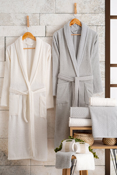 OZNHOME طقم روب حمام مكون من 6 قطع باللون الرمادي الكريمي لشخصين