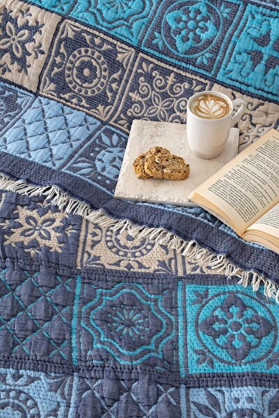 Denizli Concept لحاف موسلين بنمط مرقع بألوان زرقاء - لحاف ناعم مزدوج - قطن 220×240 سم