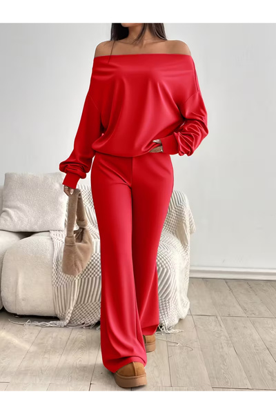 npLStore Women's Boat Neck Pleated Blouse Spanish Leg Sweatpants Two-Piece Bottom Top Set