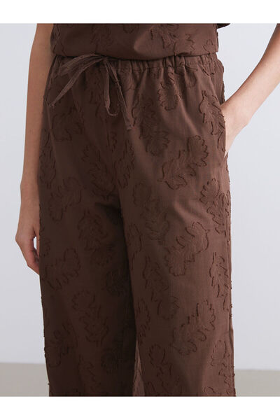 LC Waikiki Kahverengi Beli Lastikli Desenli Geniş Paça Kadın Pantolon