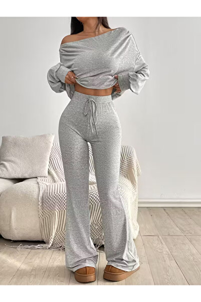 npLStore Women's Boat Neck Pleated Blouse Spanish Leg Sweatpants Two-Piece Bottom Top Set