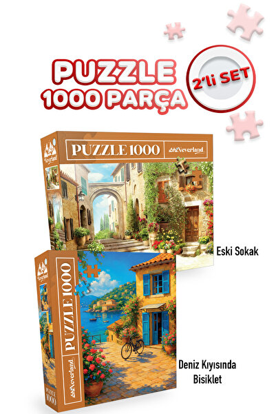 Neverland 2 ADET 1000 PARÇA PUZZLE- ESKİ SOKAK VE DENİZ KIYISINDA BİSİKLET