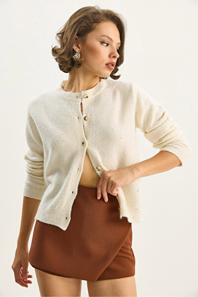 Bianco Lucci Women's Crew Neck Sequin Detailed Gilded Regular Knitwear Cardigan 4960 60283582