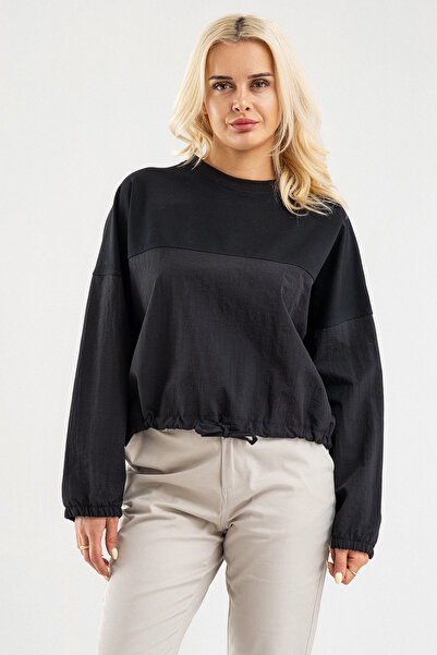 Bold & Young Bold Young Women's Black Cotton Lycra Sweatshirt – Polyamide Fabric Detailed Drawstring