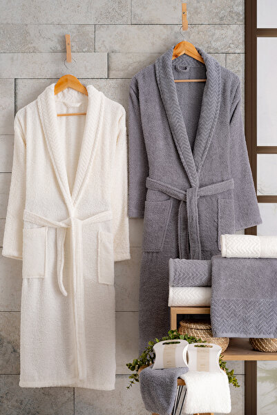 OZNHOME KREM-KOYU GRİ ÇİFT KİŞİLİK 6 PARÇA BORNOZ SETİ