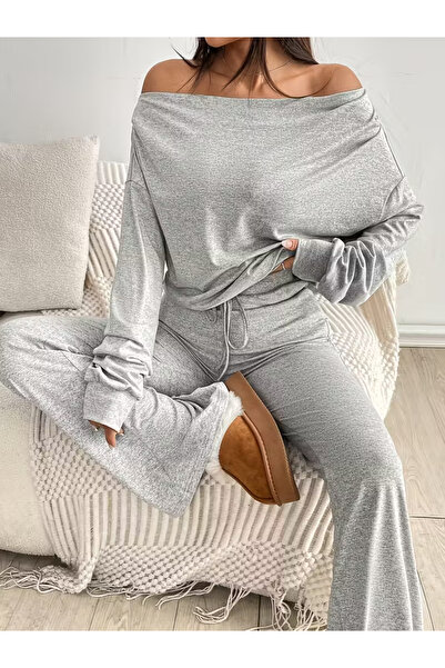 Keywest Women's Boat Neck Pleated Blouse Spanish Leg Sweatpants Set