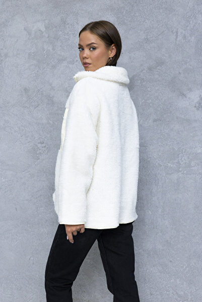 GİYSA Дамско палто с яка, цип и един джоб, плюшено, бяло - 55446