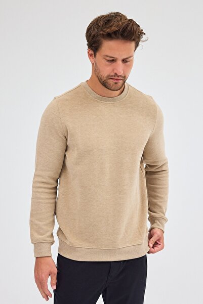 İmza Σκούρο μπεζ μακρυμάνικο φούτερ με λαιμόκοψη από απλό βαμβάκι Comfort Fit 1013255150