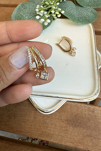 AURA ATELIER Çelik Minik Yuvarlak&Kare Taş Sallıntılı Küpe