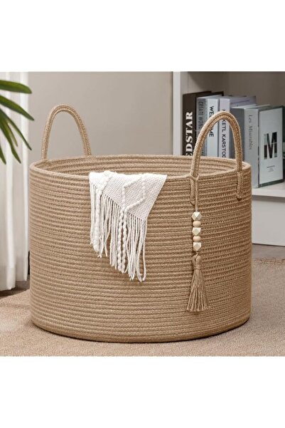 Generic Handwoven Rope Basket with Tassel, 50 cm, Beige (Jute)