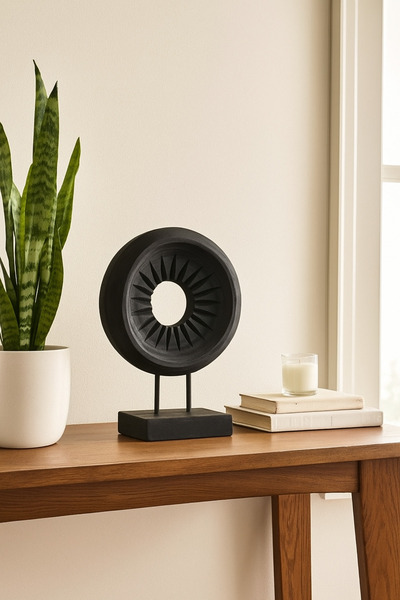 MARIA HOMES Black Wooden Round Decorative Sculpture on Stand – Modern Home Ac...