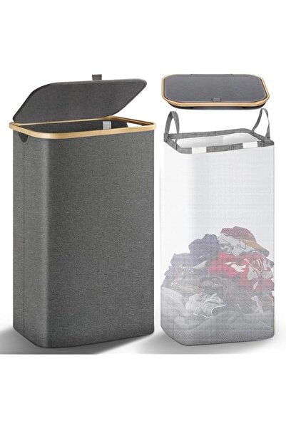 Generic Tazweeq Large Laundry Basket with Lid,Collapsible Laundry Basket with Bamboo Handles, 100L Laundry H