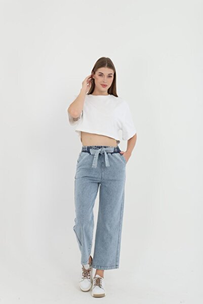 RAZENCİ Women's High Waist Elastic Waistband Ankle Length Jeans