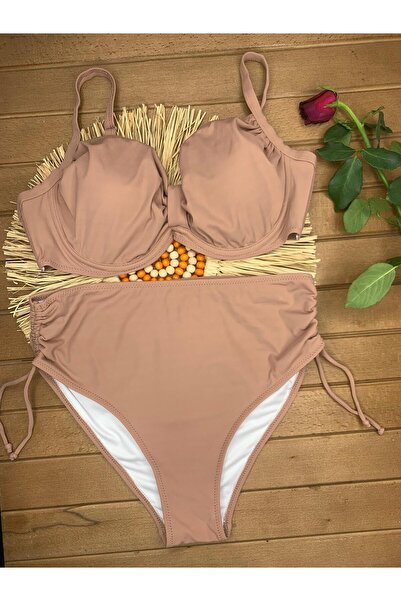 Genel Markalar Kadın Kum Beji Likralı Esnek Şık Rahat Büyük Beden Battal Telli Balenli Yüksek Bel Bikini Takım
