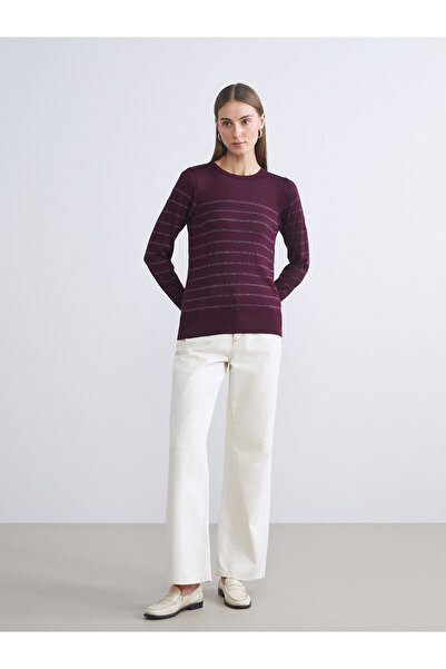 LC Waikiki Burgundy Crew Neck Striped Women's Knitwear Sweater