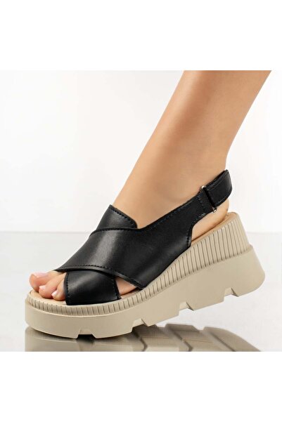 Modlet.ro Women's black and beige leather platform sandals MOD13279