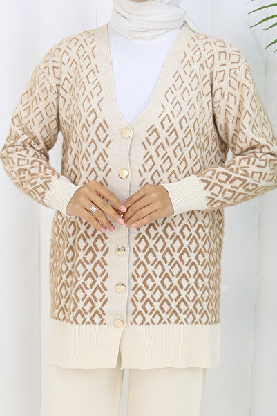 benguen Patterned Knitwear Cardigan Set S1044 Stone Color