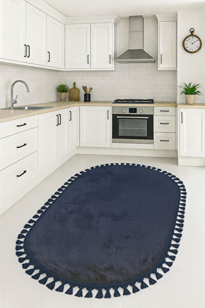 Bestekar Lunasoft Lacivert Ponpon Saçaklı Kaymaz Tabanlı Yumuşak Modern Yıkan...