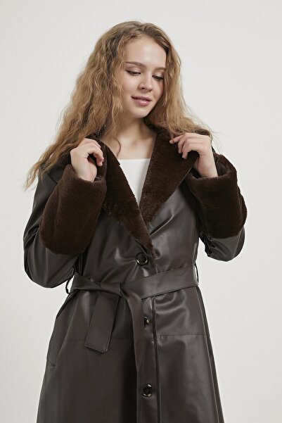 Arma Life Дамско палто с колан, с кожена подплата, в цвят кафе, от изкуствена кожа, с голям размер