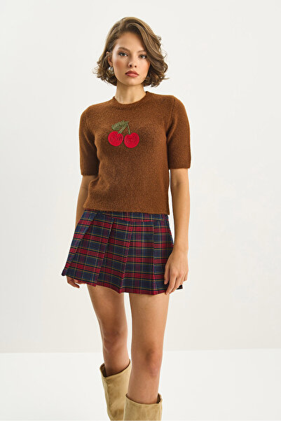 Bianco Lucci Kadın Bisiklet Yaka Kısa Kollu Kiraz Örgü Nakış İşlemeli Triko Bluz 5079 60283588