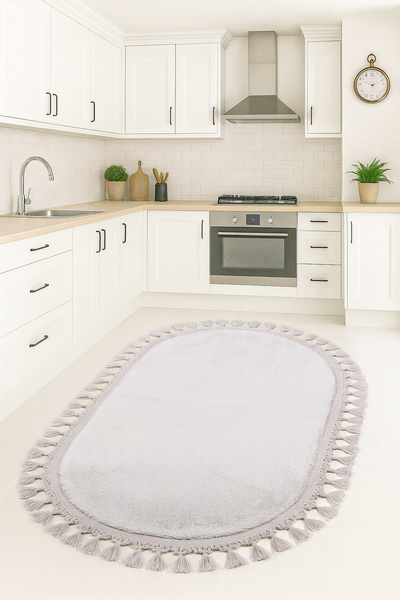 Bestekar Lunasoft Gri Ponpon Saçaklı Kaymaz Tabanlı Yumuşak Modern Yıkanabili...