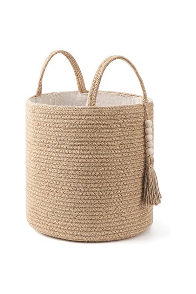Generic Mkono Woven Storage Basket Decorative Natural Rope Basket Wooden Bead Decoration for Blankets,Toys,C