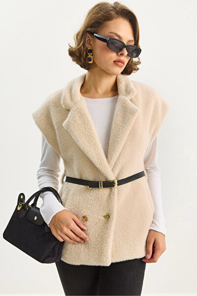 Bianco Lucci Vestă căptușită pentru femei, cu textura din blană artificială, cu curea și detaliu de buzunar 11162 60283598