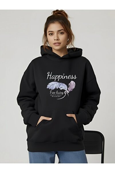 FUFLUNS Happiness Feather Printed Oversize Unisex Women/Men Hooded Sweatshirt