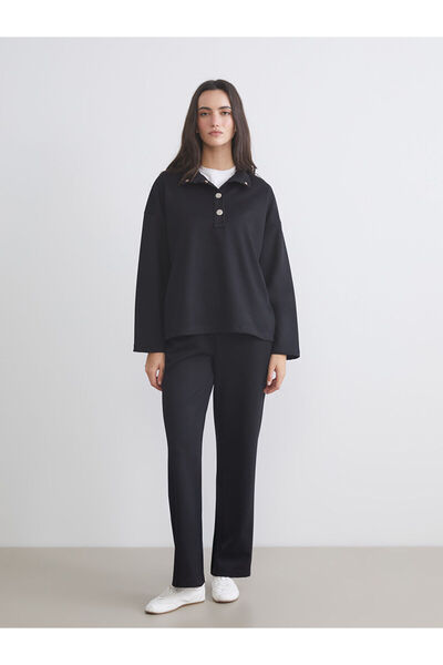 LC Waikiki Μαύρο γυναικείο φούτερ με ελαστική μέση φαρδιά πόδι