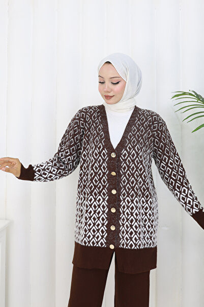 benguen Patterned Knitwear Cardigan Set S1044 Brown