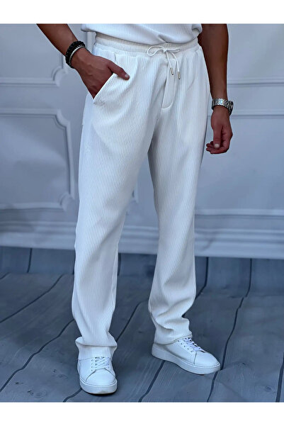 MODEFENDİ Men's White Elastic Waist Lace-Up Thick Wicking Pattern Jogger Pants