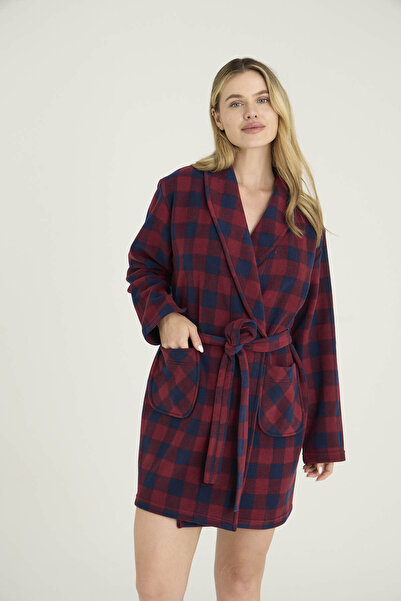 KLY Women's Plaid Patterned Single Robe Stylish Look Plaid Detail