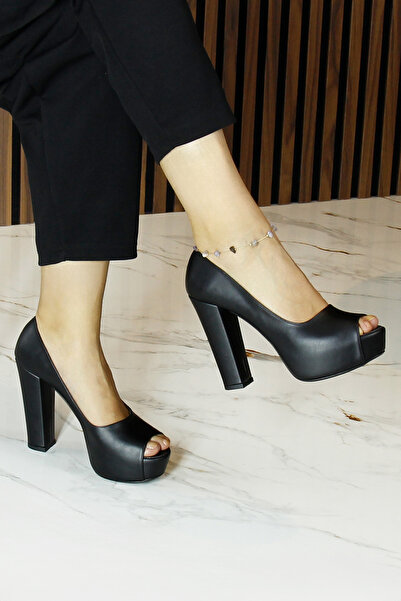 Erkan Saçmacı Carolina Black Vegan Open Front Platform Heeled Evening Dress Shoes